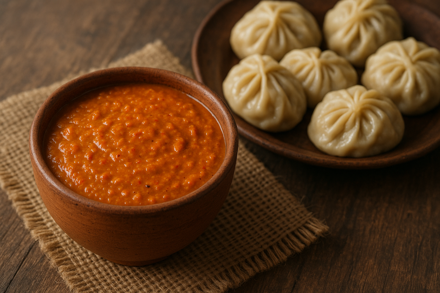 the image shows in the picture, momo along with its dip, the momo chutney.